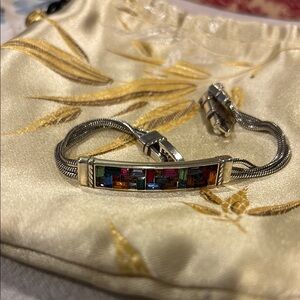 Silver Bangle Bracelet with Colorful Inlay